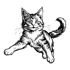 Obraz premium Maine Coon Cat Kitten Hand Drawn Engraved Ink Line Art Sketch Illustration