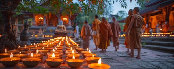 Fototapeta premium Candlelight Vesak Day celebration with men and women in traditional attire walking around the temple, warm candle glow, tranquil evening, sacred atmosphere, festive and spiritual