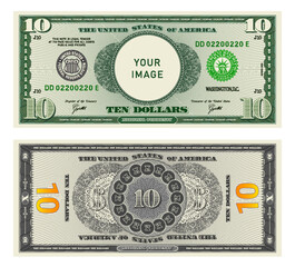 Vector highly detailed fictional beautiful 10 US dollar banknote. Obverse and reverse of American bill with guilloche patterns. Empty circle in center. Sample, your image. Ten dollars.