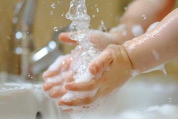 Fototapeta premium Closeup of a child's soapy hands being washed under running water in a sink