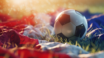 Ball for football and soccer on green field. Next to  fabric in colors of flags of Croatia, Netherlands, Paraguay, France, Dominican Republic and Czechia