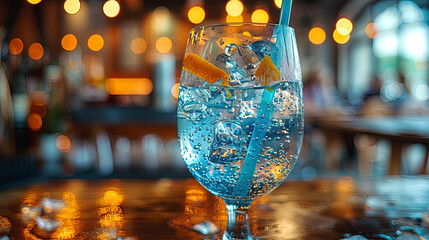 A beautiful glass with mineral water, air bubbles inside, with ice and a colored straw. On the table against the background of the pool.