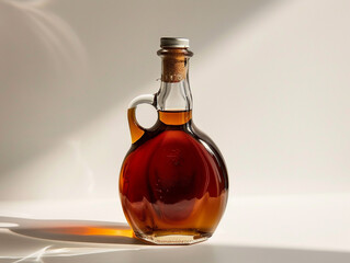 A bottle of maple syrup with a leaf on it. The bottle is made of glass and has a plain background