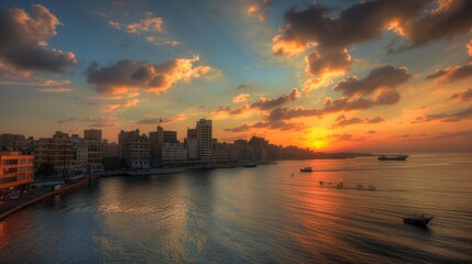 Fototapeta premium Beautiful sunset over the cityscape with buildings reflecting on the sea and ocean, showcasing a serene urban landscape and tranquil coastal atmosphere