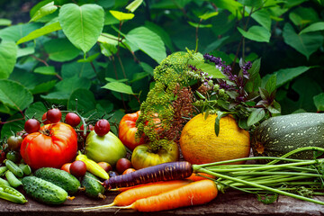 Composition with assorted raw organic vegetables harvest from organic farm. Raw vegetables (carrot,...