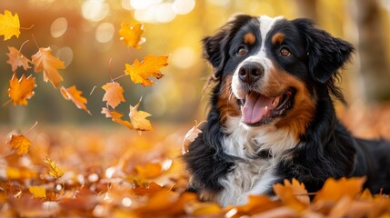 happy bernese mountain dog among autumn leaves, embracing the cool fall air, the perfect image for a cute pet with space for text