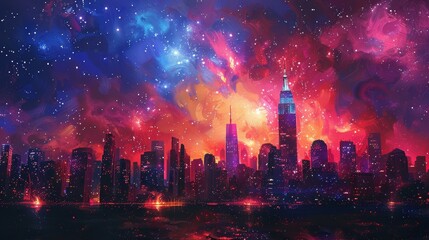 Fototapeta premium New Year’s Eve cityscape with fireworks, night sky, vibrant colors