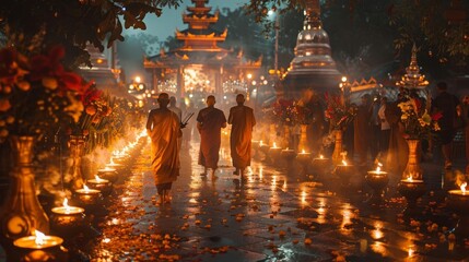 Fototapeta premium People holding flowers, incense, and candles walking in a procession around a pagoda inside a temple on Vesak Day, traditional attire, spiritual ambiance, serene evening