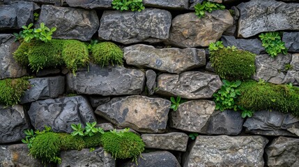 Rustic stone wall with moss accents, natural texture, soft daylight, horizontal composition,