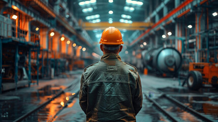 a detailed image of Factory worker wearing hard hat, large machinery background, hd,upscale