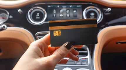Finance Meets Luxury: Minimalist Black Credit Card in Front of a Luxury Car Dashboard