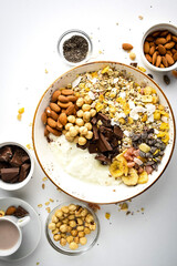 Homemade yogurt served with oats, hazelnuts, walnuts, dark chocolate, dried banana, raisins, chia seeds and cocoa on a white background. Healthy breakfast. Top view, flat lay.