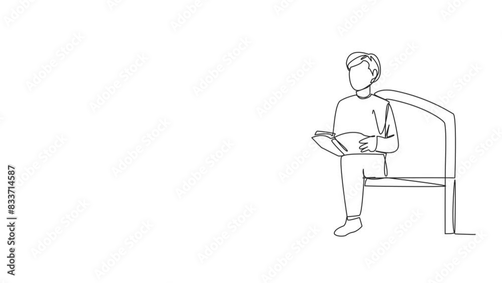 Wall mural Self drawing animation of single continuous line drawing man sitting and reading on chair in university park. Prepare for the final exams with serious reading. Book festival. Full length animated - Wall murals