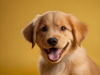 Fototapeta premium Portrait of a smiling puppy on a yellow background