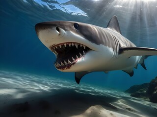 Naklejka premium Ocean shark bottom view from below. Open toothy dangerous mouth with many teeth. Underwater blue sea waves clear water shark swims forward