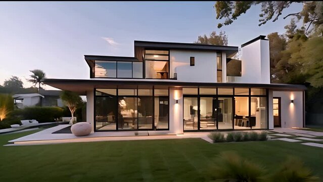 A large, modern house with a large, open living room and a pool. The house is surrounded by a lush green lawn and has a large, white chimney.