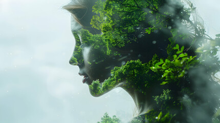 Photo realistic double exposure of an environmentalist merged with nature scenes, symbolizing environmental responsibility and conservation. Perfect for environmental and sustainab