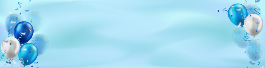 Panoramic banner with lots of 3d blue realistic balloons and confetti on blurred background with blank space for greeting text. Header for birthday, celebration party, sale, opening event, holiday, ad