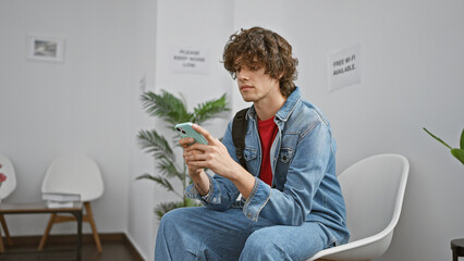 Handsome young man with curly hair, wearing denim, sitting and texting in a modern waiting room...