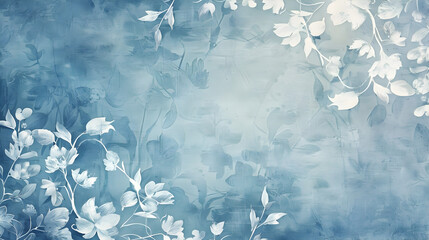 A blue and white floral background with a few leaves