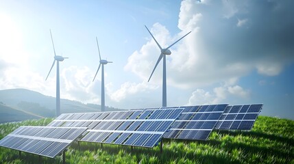 Emphasizing Renewable Energy: of Wind Turbines and Solar Panels on a Grassy Hill for ESG Investment