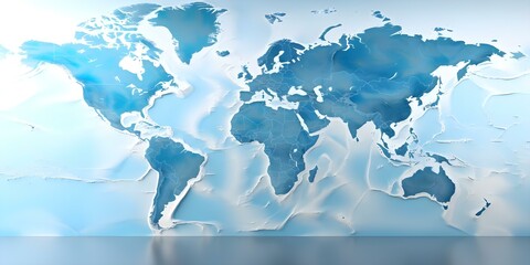 Digital holographic world map on light blue background in wide shot. Concept Technology, Holographic, World Map, Blue Background, Wide Shot