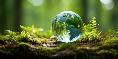 Embrace Earth Day with a lively blue-green eco globe advocating conservation. Concept Eco-Friendly Living, Earth Day Celebrations, Environmental Awareness, Sustainable Practices