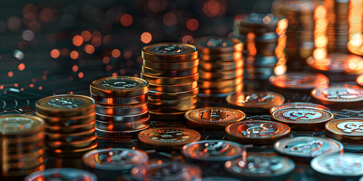 Imagen hiperrealista de monedas electronicas tipo en fondo desenfocado bokeh