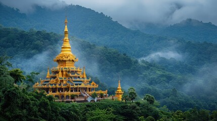 An enchanting vista of a beautiful golden temple set amidst the serene surroundings of Thailand, the majestic landscape offering a glimpse into the country's rich history and architectural wonders,