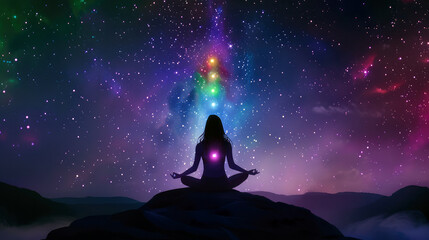 Woman in lotus position meditating, colorful and bokeh, outdoors at night