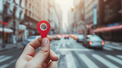 Hand with a red location pin against a blurry urban street scene with cars and buildings, illustrating the concept of finding a place or destination in the city