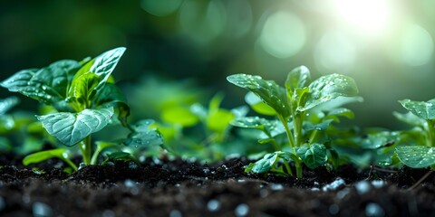 Growing healthy seedlings in fertile soil with sunlight for optimal plant care. Concept Plant Care, Healthy Seedlings, Fertile Soil, Sunlight Exposure, Optimal Growth