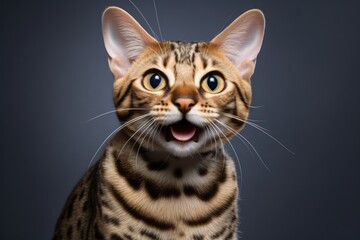 Portrait of a smiling ocicat cat over soft gray background