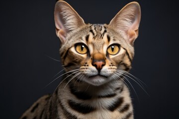 Obraz premium Portrait of a happy savannah cat on soft gray background