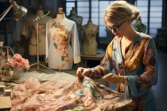 Skilled seamstress works on a floral gown, showcasing creativity and attention to detail
