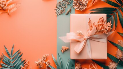 A gift box adorned with a ribbon bow, set on a solid color background, surrounded by tropical leaves, providing ample copy space.