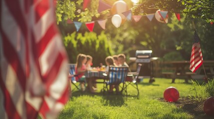 A family enjoying a Fourth of July picnic in a park, with American flags, festive decorations, and a barbecue grill in the background, capturing the spirit of Independence Day