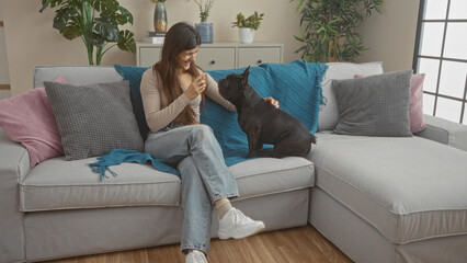 Obraz premium Young hispanic woman and her french bulldog pet relax on a comfortable couch in a cozy living room.