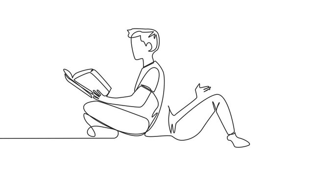 Self drawing animation of continuous one line drawing man woman sitting while reading the book. Reading the books to learn. The fast learner. Book festival concept. Happy reading. Full length animated