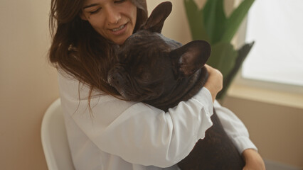 Obraz premium Young hispanic woman embracing her french bulldog in an indoor vet waiting room.