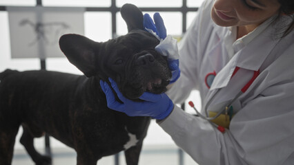 A young hispanic female vet cleans the eye of a french bulldog in a veterinary clinic, wearing...