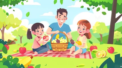 Obraz premium happy family enjoying a picnic in the park, with a basket of fresh fruits like apples, bananas, and grapes, showcasing the fun and healthiness of eating fruits together