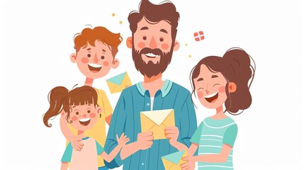 Obraz premium Happy family celebrating Father s Day, children giving handmade cards to their smiling father Isolated white background, copy space