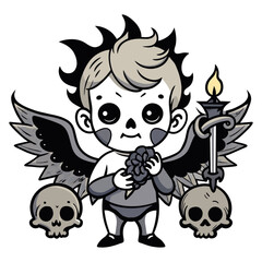 cherub holding a skull with gothic elements such as dark, ornate patterns, and sharp, angular wings. Use deep, dark colors and add elements like candles, ravens, and iron gates