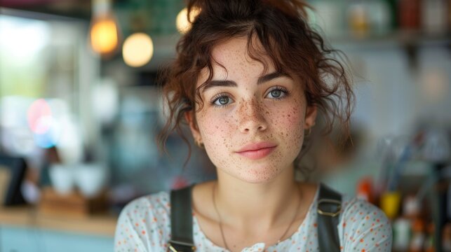 beautiful white woman with freckles smiling at the camera at her work
