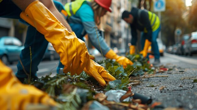 Volunteers wearing gloves and vests picking up garbage along a city street