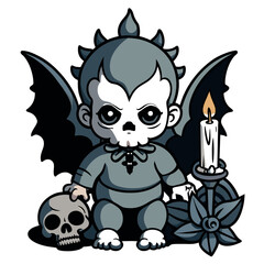 cherub holding a skull with gothic elements such as dark, ornate patterns, and sharp, angular wings. Use deep, dark colors and add elements like candles, ravens, and iron gates