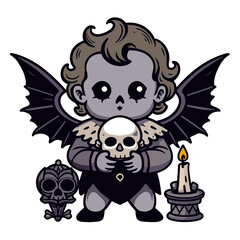 cherub holding a skull with gothic elements such as dark, ornate patterns, and sharp, angular wings. Use deep, dark colors and add elements like candles, ravens, and iron gates