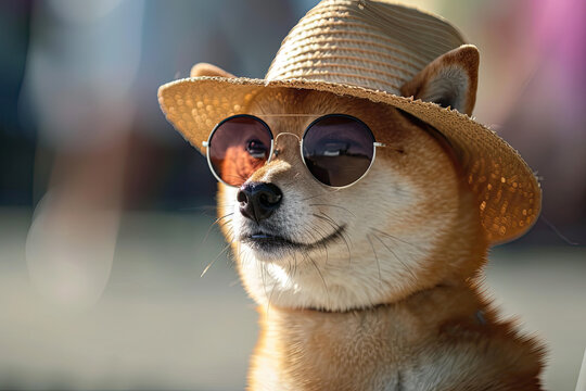 Stylish Shiba Inu in Sunglasses and Sun Hat, Summer Portrait, dogecoin