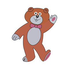 Funny cartoon teddy bear with tie, cute teddy bear dancing with tape recorder. greeting card on St. Valentine's day, wedding, birthday, illustrator vector